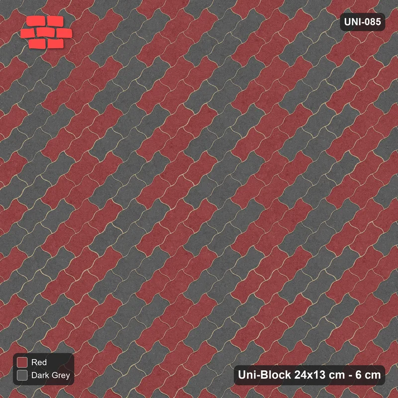 Interlock (Pasco) 24x13 cm · UNI-085 · Checkerboard of 2x2 piece blocks, 45-degree lay, kerb frame (Rust & Charcoal) · Top view Interlock (Pasco) 24x13 cm · UNI-085 · Checkerboard of 2x2 piece blocks, 45-degree lay, kerb frame (Rust & Charcoal) · Top view