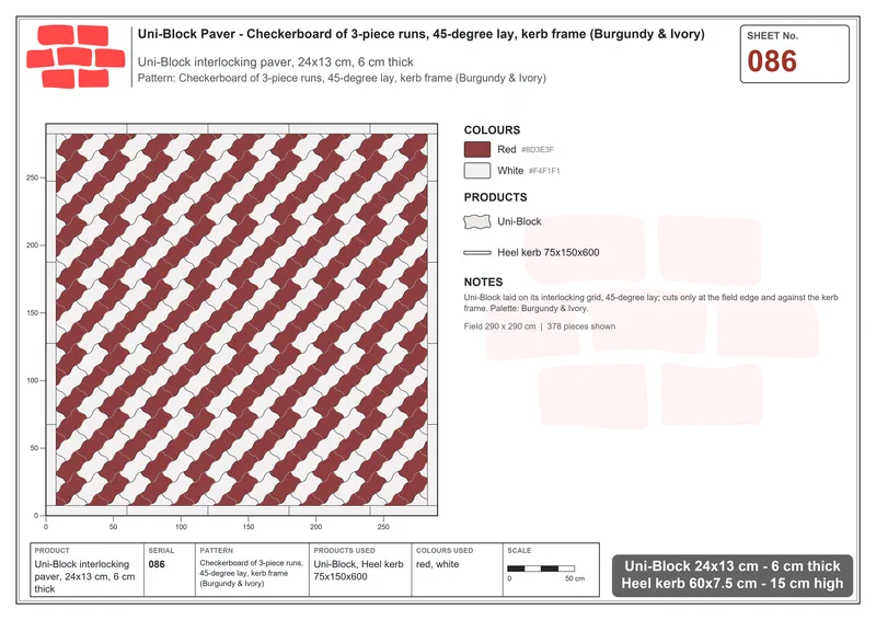 Interlock (Pasco) 24x13 cm · UNI-086 · Checkerboard of 3-piece runs, 45-degree lay, kerb frame (Burgundy & Ivory) · Laying plan