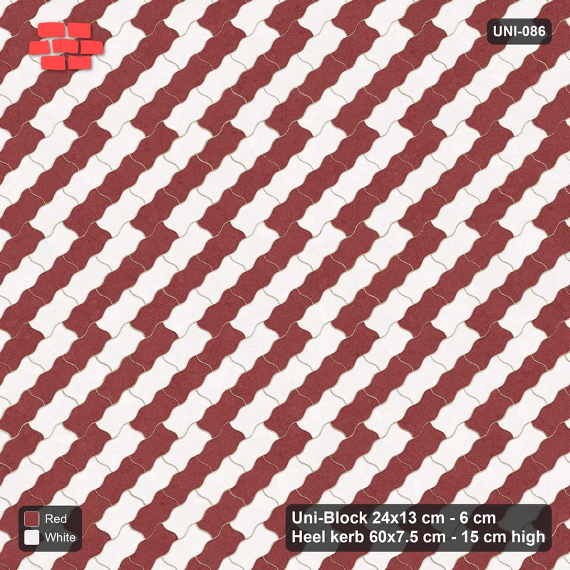Interlock (Pasco) 24x13 cm · UNI-086 · Checkerboard of 3-piece runs, 45-degree lay, kerb frame (Burgundy & Ivory) · Top view Interlock (Pasco) 24x13 cm · UNI-086 · Checkerboard of 3-piece runs, 45-degree lay, kerb frame (Burgundy & Ivory) · Top view