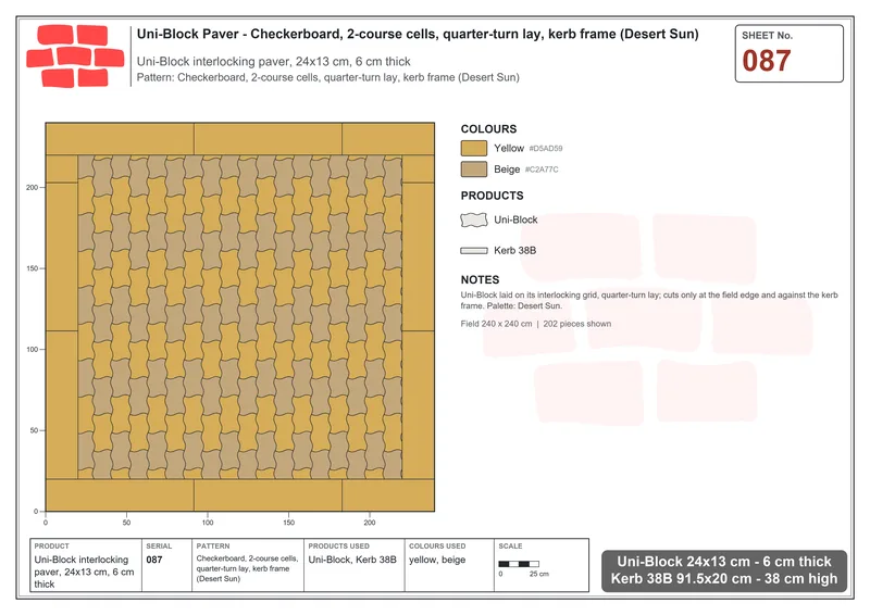 Interlock (Pasco) 24x13 cm · UNI-087 · Checkerboard, 2-course cells, quarter-turn lay, kerb frame (Desert Sun) · Laying plan