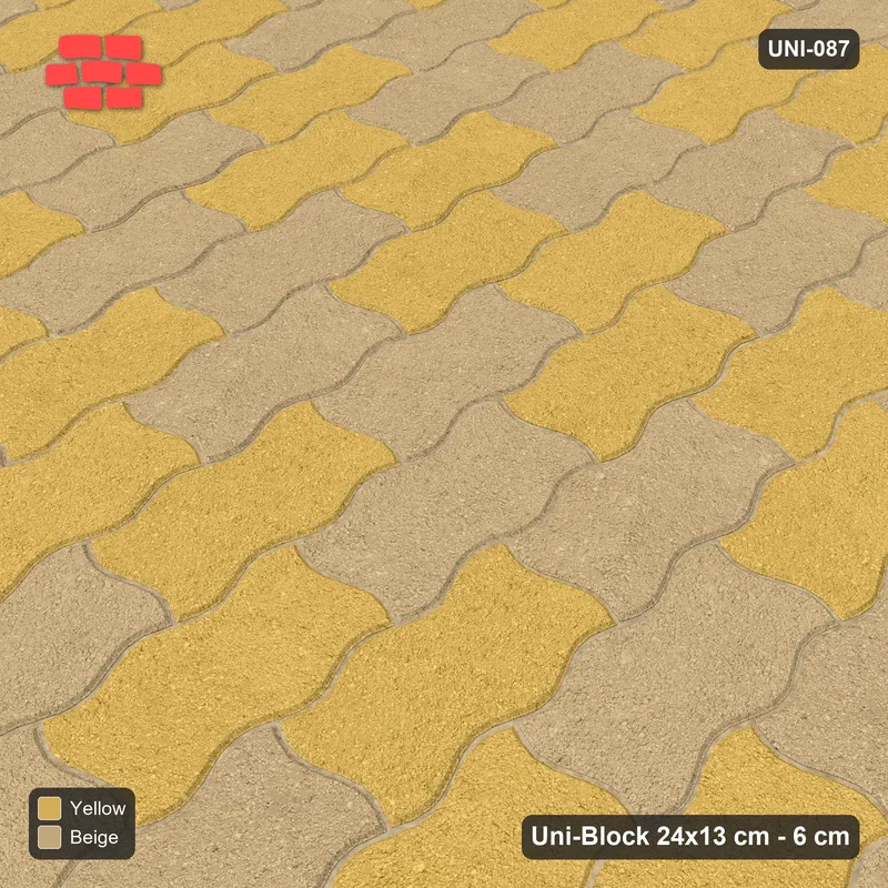 Interlock (Pasco) 24x13 cm · UNI-087 · Checkerboard, 2-course cells, quarter-turn lay, kerb frame (Desert Sun) · Side view Interlock (Pasco) 24x13 cm · UNI-087 · Checkerboard, 2-course cells, quarter-turn lay, kerb frame (Desert Sun) · Side view