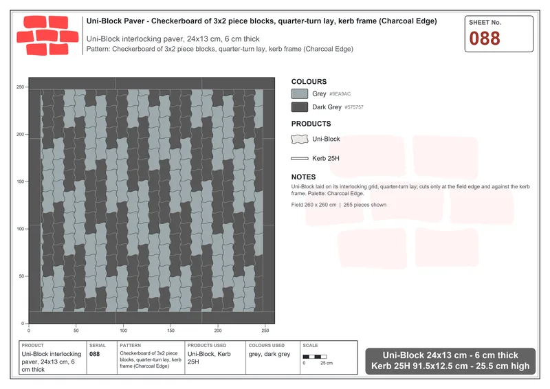 Interlock (Pasco) 24x13 cm · UNI-088 · Checkerboard of 3x2 piece blocks, quarter-turn lay, kerb frame (Charcoal Edge) · Laying plan