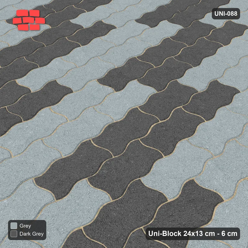 Interlock (Pasco) 24x13 cm · UNI-088 · Checkerboard of 3x2 piece blocks, quarter-turn lay, kerb frame (Charcoal Edge) · Side view Interlock (Pasco) 24x13 cm · UNI-088 · Checkerboard of 3x2 piece blocks, quarter-turn lay, kerb frame (Charcoal Edge) · Side view