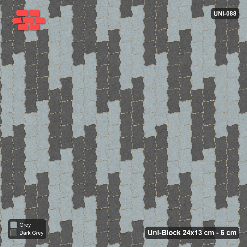 Interlock (Pasco) 24x13 cm · UNI-088 · Checkerboard of 3x2 piece blocks, quarter-turn lay, kerb frame (Charcoal Edge) · Top view Interlock (Pasco) 24x13 cm · UNI-088 · Checkerboard of 3x2 piece blocks, quarter-turn lay, kerb frame (Charcoal Edge) · Top view