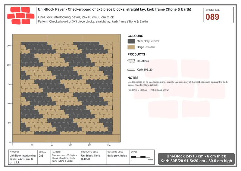 Interlock (Pasco) 24x13 cm · UNI-089 · Checkerboard of 3x3 piece blocks, straight lay, kerb frame (Stone & Earth) · Laying plan