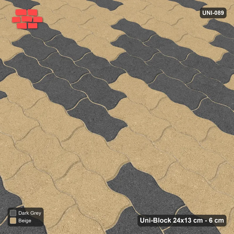 Interlock (Pasco) 24x13 cm · UNI-089 · Checkerboard of 3x3 piece blocks, straight lay, kerb frame (Stone & Earth) · Side view Interlock (Pasco) 24x13 cm · UNI-089 · Checkerboard of 3x3 piece blocks, straight lay, kerb frame (Stone & Earth) · Side view