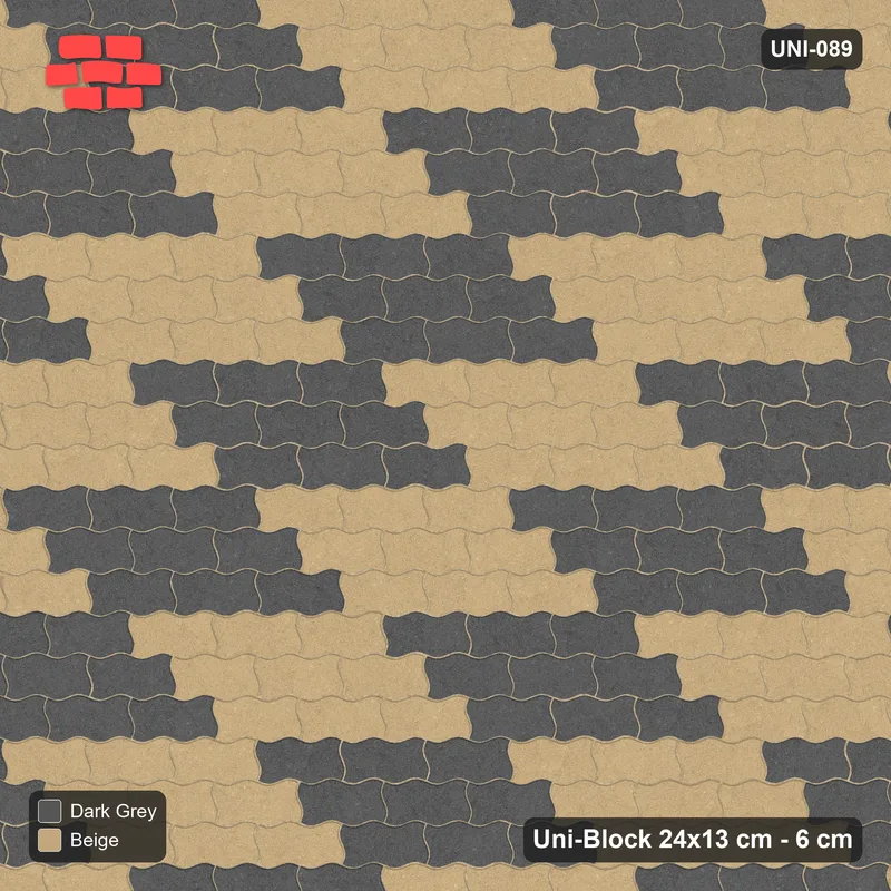 Interlock (Pasco) 24x13 cm · UNI-089 · Checkerboard of 3x3 piece blocks, straight lay, kerb frame (Stone & Earth) · Top view Interlock (Pasco) 24x13 cm · UNI-089 · Checkerboard of 3x3 piece blocks, straight lay, kerb frame (Stone & Earth) · Top view