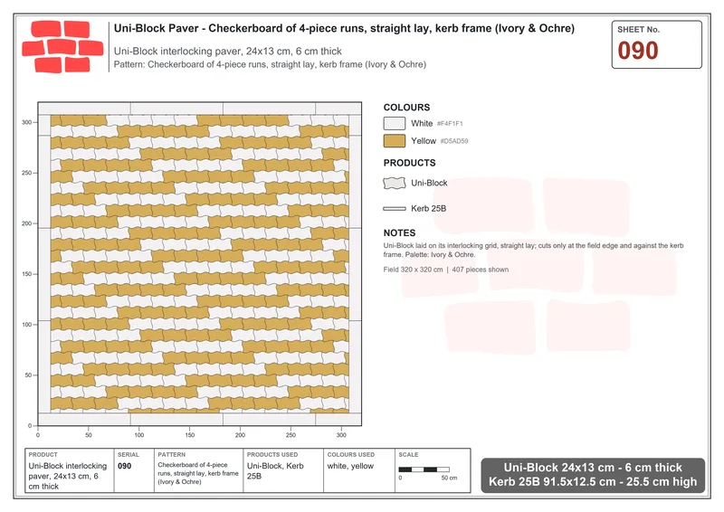 Interlock (Pasco) 24x13 cm · UNI-090 · Checkerboard of 4-piece runs, straight lay, kerb frame (Ivory & Ochre) · Laying plan