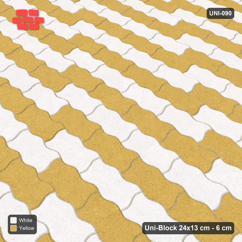 Interlock (Pasco) 24x13 cm · UNI-090 · Checkerboard of 4-piece runs, straight lay, kerb frame (Ivory & Ochre) · Side view Interlock (Pasco) 24x13 cm · UNI-090 · Checkerboard of 4-piece runs, straight lay, kerb frame (Ivory & Ochre) · Side view