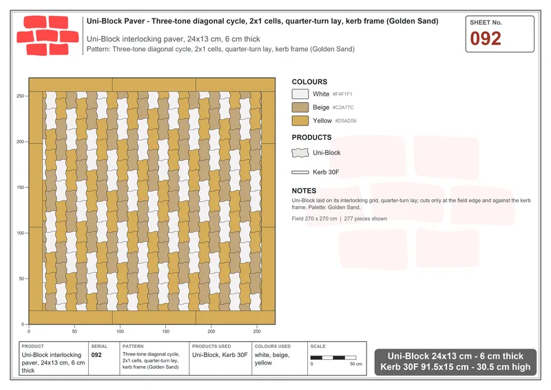 Interlock (Pasco) 24x13 cm · UNI-092 · Three-tone diagonal cycle, 2x1 cells, quarter-turn lay, kerb frame (Golden Sand) · Laying plan