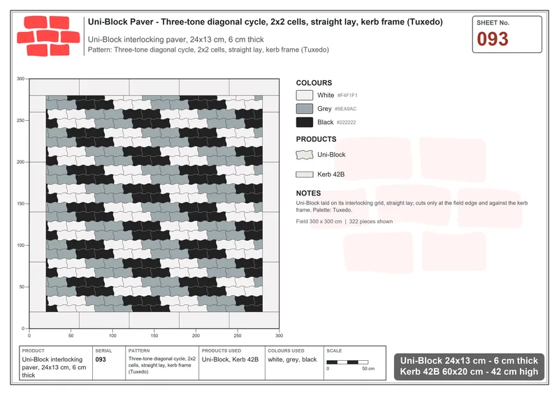 Interlock (Pasco) 24x13 cm · UNI-093 · Three-tone diagonal cycle, 2x2 cells, straight lay, kerb frame (Tuxedo) · Laying plan
