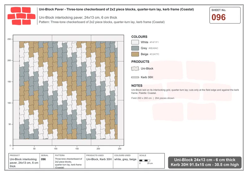Interlock (Pasco) 24x13 cm · UNI-096 · Three-tone checkerboard of 2x2 piece blocks, quarter-turn lay, kerb frame (Coastal) · Laying plan