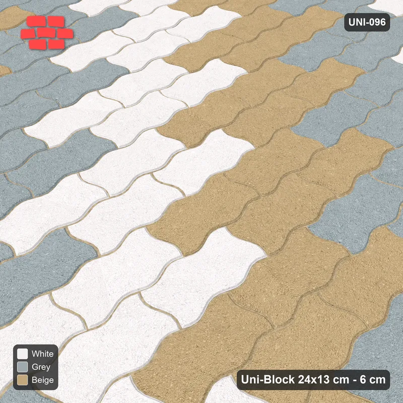 Interlock (Pasco) 24x13 cm · UNI-096 · Three-tone checkerboard of 2x2 piece blocks, quarter-turn lay, kerb frame (Coastal) · Side view Interlock (Pasco) 24x13 cm · UNI-096 · Three-tone checkerboard of 2x2 piece blocks, quarter-turn lay, kerb frame (Coastal) · Side view
