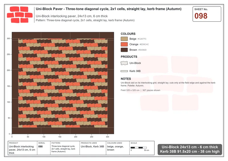 Interlock (Pasco) 24x13 cm · UNI-098 · Three-tone diagonal cycle, 2x1 cells, straight lay, kerb frame (Autumn) · Laying plan