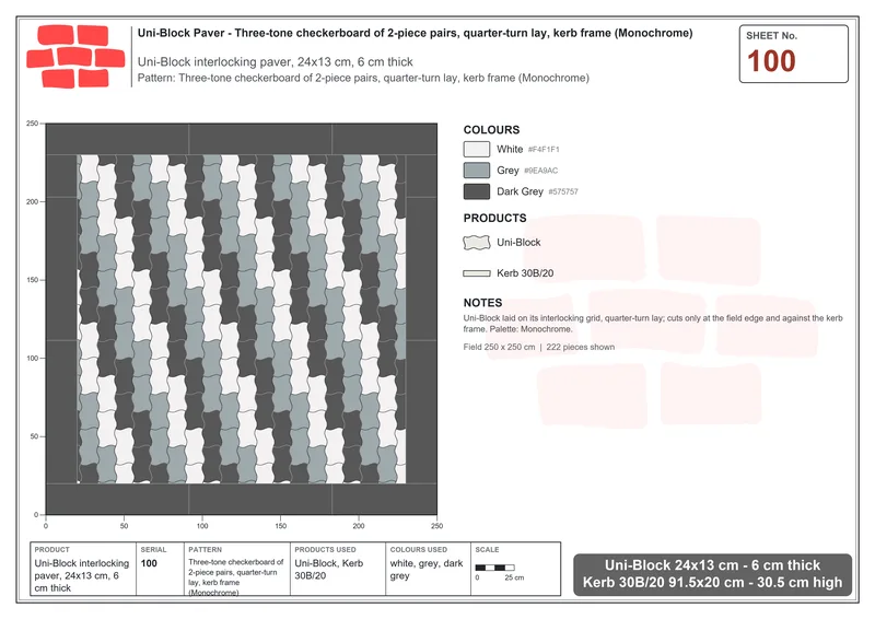 Interlock (Pasco) 24x13 cm · UNI-100 · Three-tone checkerboard of 2-piece pairs, quarter-turn lay, kerb frame (Monochrome) · Laying plan