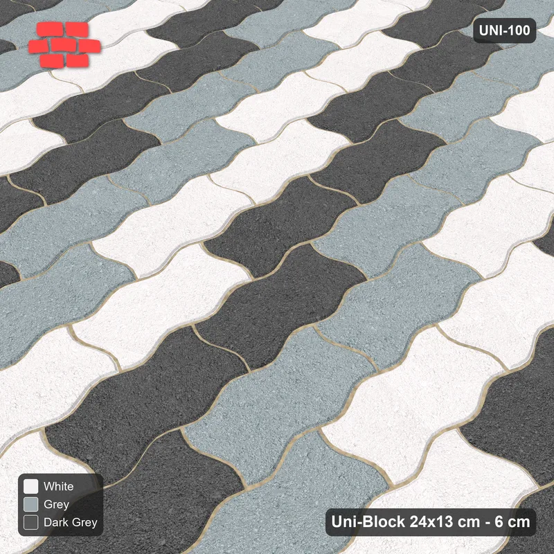 Interlock (Pasco) 24x13 cm · UNI-100 · Three-tone checkerboard of 2-piece pairs, quarter-turn lay, kerb frame (Monochrome) · Side view Interlock (Pasco) 24x13 cm · UNI-100 · Three-tone checkerboard of 2-piece pairs, quarter-turn lay, kerb frame (Monochrome) · Side view
