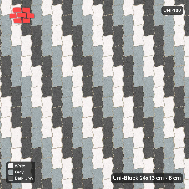 Interlock (Pasco) 24x13 cm · UNI-100 · Three-tone checkerboard of 2-piece pairs, quarter-turn lay, kerb frame (Monochrome) · Top view Interlock (Pasco) 24x13 cm · UNI-100 · Three-tone checkerboard of 2-piece pairs, quarter-turn lay, kerb frame (Monochrome) · Top view