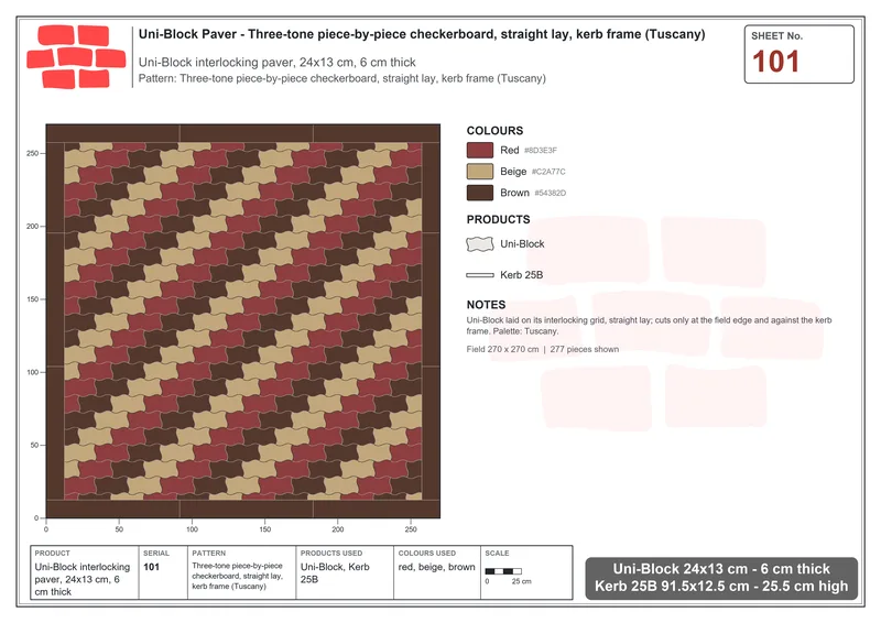 Interlock (Pasco) 24x13 cm · UNI-101 · Three-tone piece-by-piece checkerboard, straight lay, kerb frame (Tuscany) · Laying plan