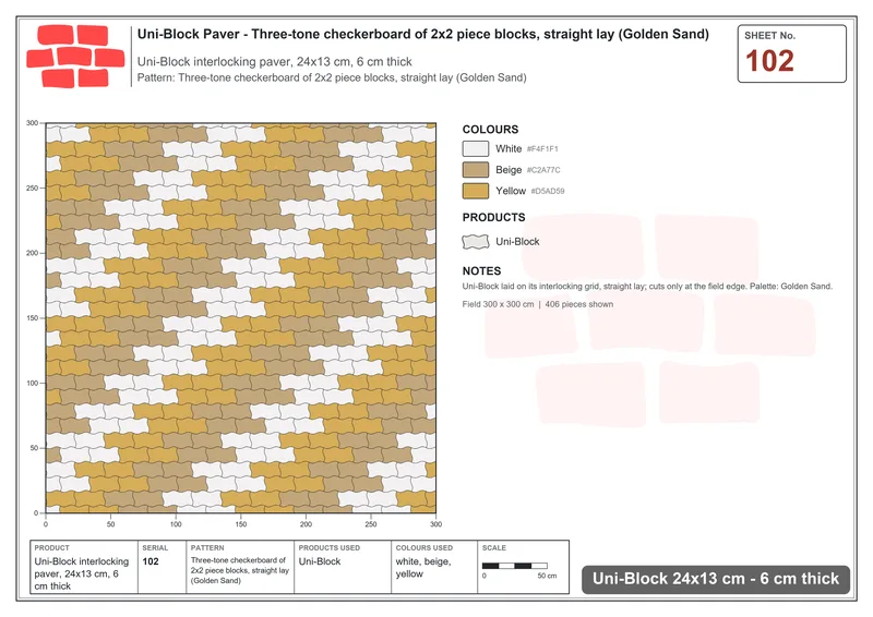 Interlock (Pasco) 24x13 cm · UNI-102 · Three-tone checkerboard of 2x2 piece blocks, straight lay (Golden Sand) · Laying plan