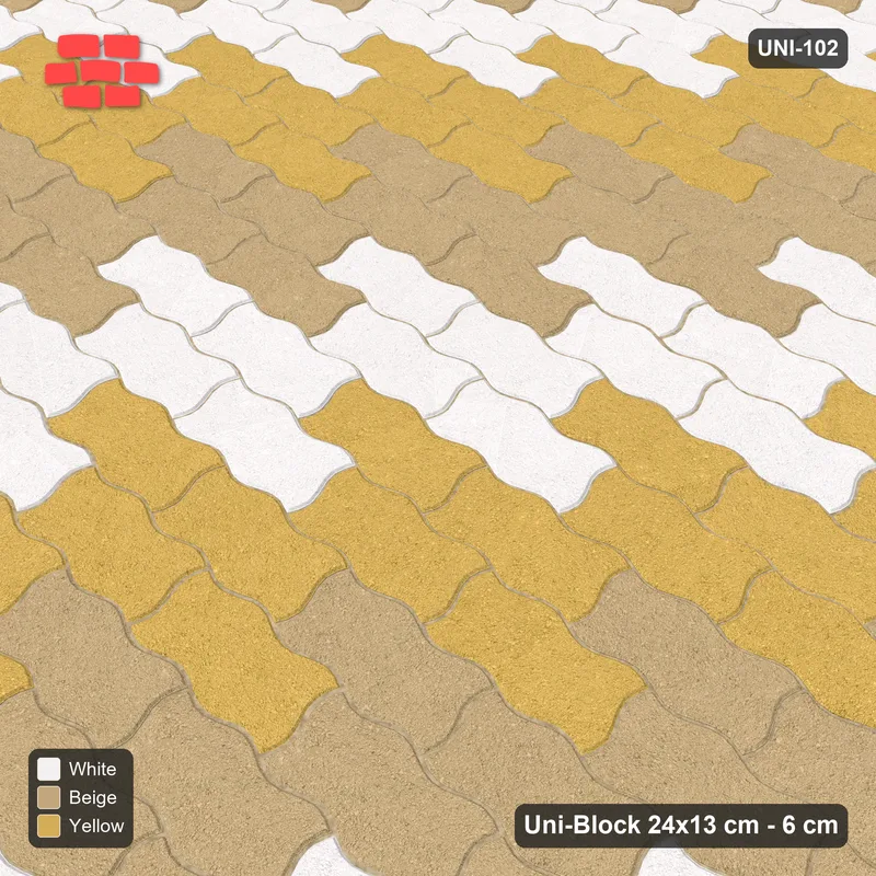 Interlock (Pasco) 24x13 cm · UNI-102 · Three-tone checkerboard of 2x2 piece blocks, straight lay (Golden Sand) · Side view Interlock (Pasco) 24x13 cm · UNI-102 · Three-tone checkerboard of 2x2 piece blocks, straight lay (Golden Sand) · Side view