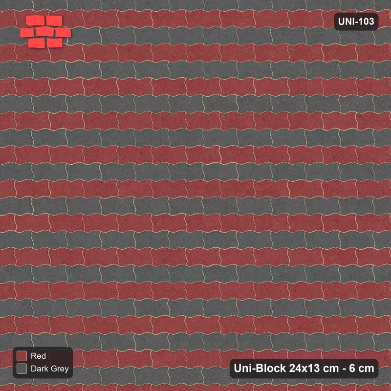 Interlock (Pasco) 24x13 cm · UNI-103 · Alternating horizontal courses (1-1), straight lay (Rust & Charcoal) · Top view Interlock (Pasco) 24x13 cm · UNI-103 · Alternating horizontal courses (1-1), straight lay (Rust & Charcoal) · Top view