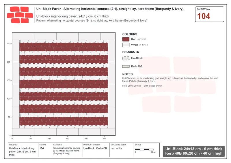 Interlock (Pasco) 24x13 cm · UNI-104 · Alternating horizontal courses (2-1), straight lay, kerb frame (Burgundy & Ivory) · Laying plan