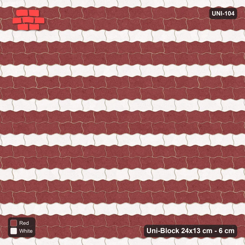 Interlock (Pasco) 24x13 cm · UNI-104 · Alternating horizontal courses (2-1), straight lay, kerb frame (Burgundy & Ivory) · Top view Interlock (Pasco) 24x13 cm · UNI-104 · Alternating horizontal courses (2-1), straight lay, kerb frame (Burgundy & Ivory) · Top view