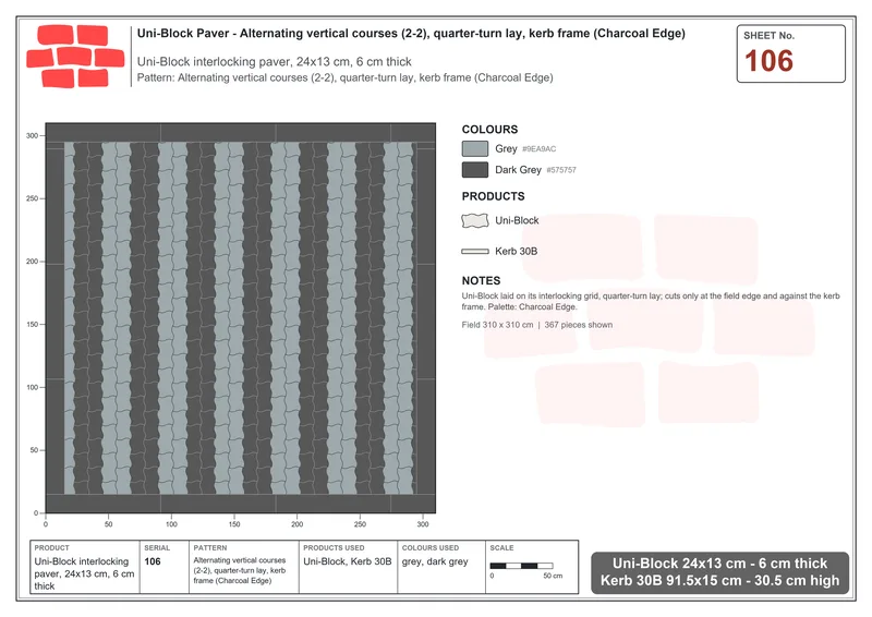 Interlock (Pasco) 24x13 cm · UNI-106 · Alternating vertical courses (2-2), quarter-turn lay, kerb frame (Charcoal Edge) · Laying plan
