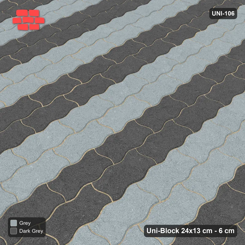 Interlock (Pasco) 24x13 cm · UNI-106 · Alternating vertical courses (2-2), quarter-turn lay, kerb frame (Charcoal Edge) · Side view Interlock (Pasco) 24x13 cm · UNI-106 · Alternating vertical courses (2-2), quarter-turn lay, kerb frame (Charcoal Edge) · Side view