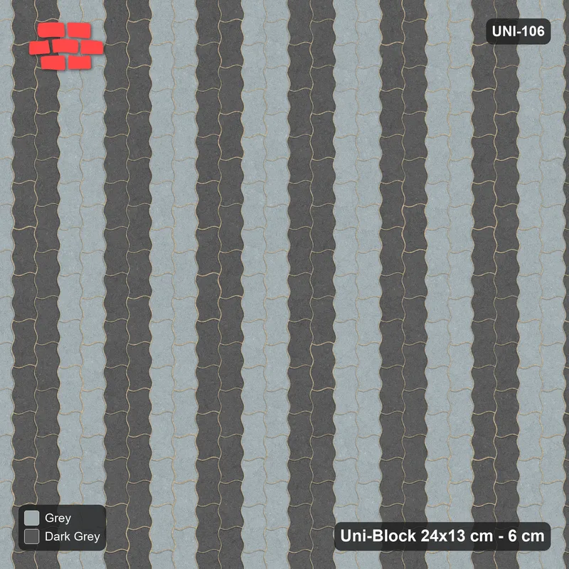 Interlock (Pasco) 24x13 cm · UNI-106 · Alternating vertical courses (2-2), quarter-turn lay, kerb frame (Charcoal Edge) · Top view Interlock (Pasco) 24x13 cm · UNI-106 · Alternating vertical courses (2-2), quarter-turn lay, kerb frame (Charcoal Edge) · Top view