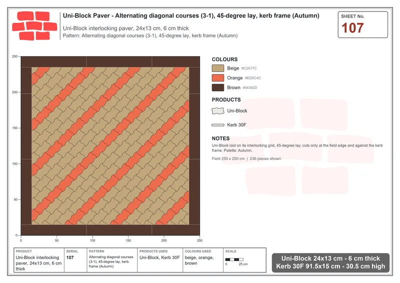 Interlock (Pasco) 24x13 cm · UNI-107 · Alternating diagonal courses (3-1), 45-degree lay, kerb frame (Autumn) · Laying plan