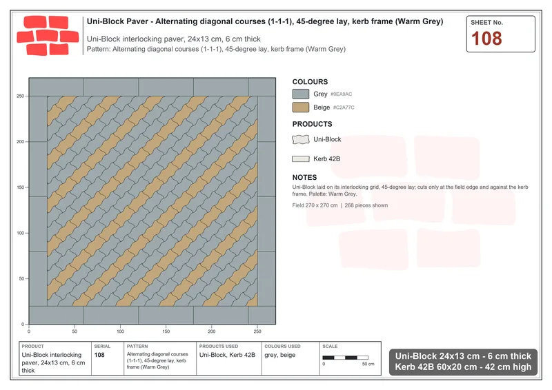 Interlock (Pasco) 24x13 cm · UNI-108 · Alternating diagonal courses (1-1-1), 45-degree lay, kerb frame (Warm Grey) · Laying plan