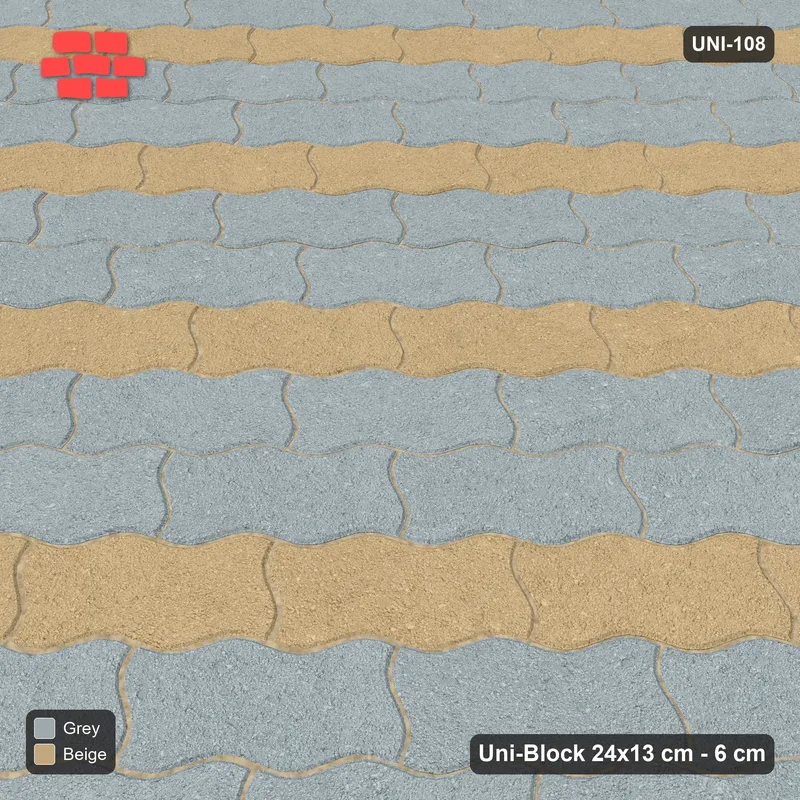 Interlock (Pasco) 24x13 cm · UNI-108 · Alternating diagonal courses (1-1-1), 45-degree lay, kerb frame (Warm Grey) · Side view Interlock (Pasco) 24x13 cm · UNI-108 · Alternating diagonal courses (1-1-1), 45-degree lay, kerb frame (Warm Grey) · Side view