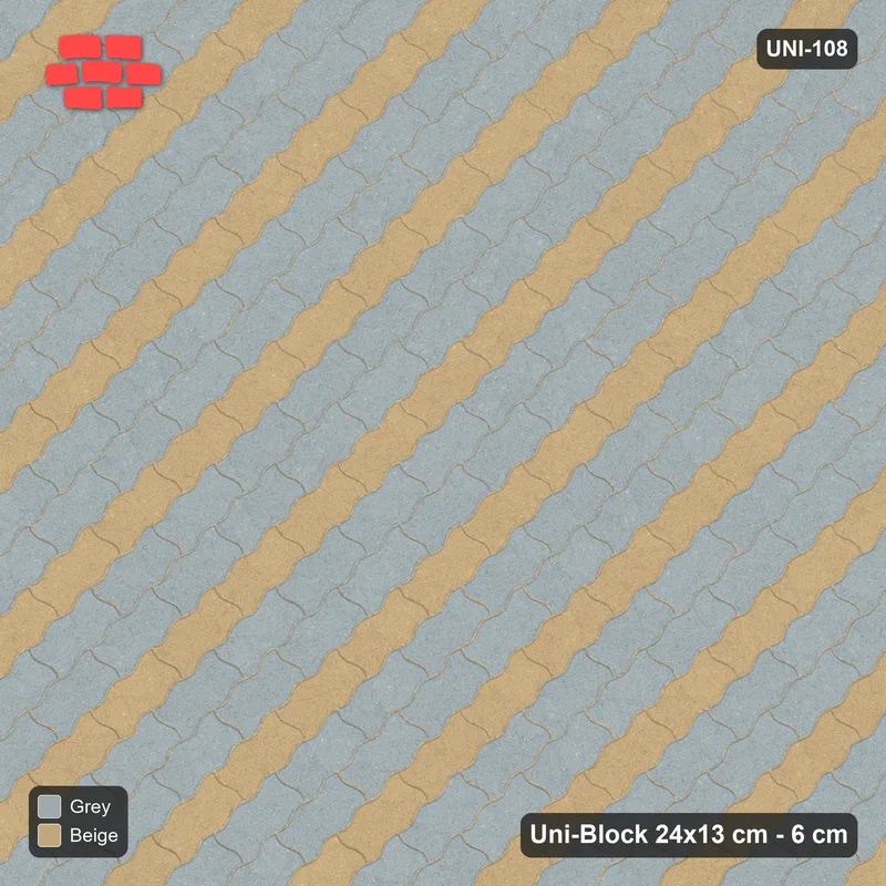 Interlock (Pasco) 24x13 cm · UNI-108 · Alternating diagonal courses (1-1-1), 45-degree lay, kerb frame (Warm Grey) · Top view Interlock (Pasco) 24x13 cm · UNI-108 · Alternating diagonal courses (1-1-1), 45-degree lay, kerb frame (Warm Grey) · Top view