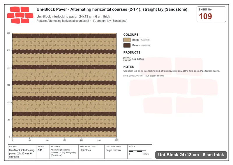 Interlock (Pasco) 24x13 cm · UNI-109 · Alternating horizontal courses (2-1-1), straight lay (Sandstone) · Laying plan