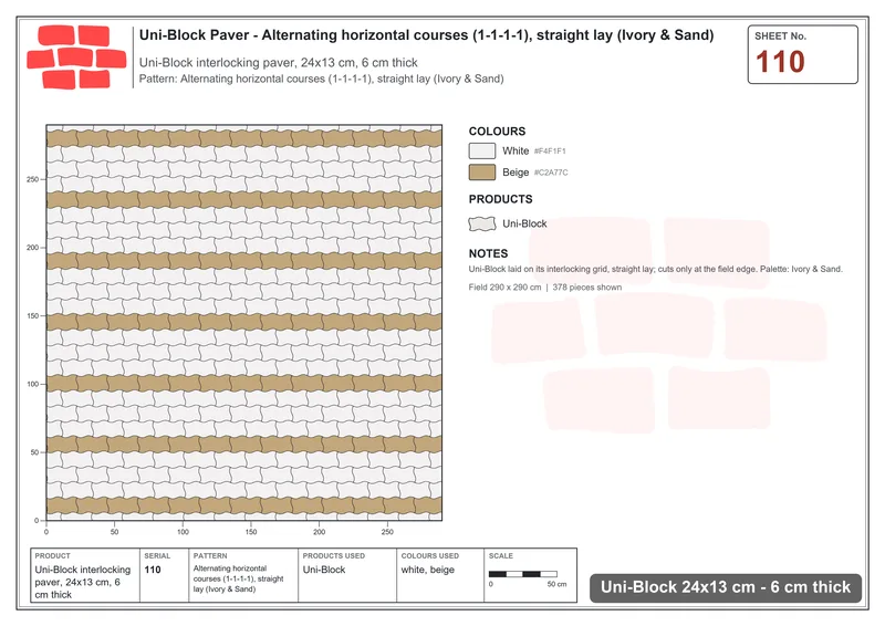 Interlock (Pasco) 24x13 cm · UNI-110 · Alternating horizontal courses (1-1-1-1), straight lay (Ivory & Sand) · Laying plan