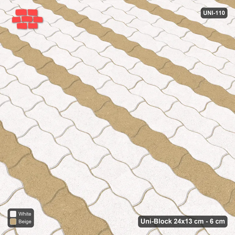 Interlock (Pasco) 24x13 cm · UNI-110 · Alternating horizontal courses (1-1-1-1), straight lay (Ivory & Sand) · Side view Interlock (Pasco) 24x13 cm · UNI-110 · Alternating horizontal courses (1-1-1-1), straight lay (Ivory & Sand) · Side view