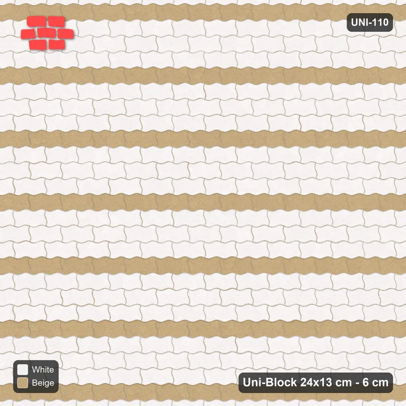 Interlock (Pasco) 24x13 cm · UNI-110 · Alternating horizontal courses (1-1-1-1), straight lay (Ivory & Sand) · Top view Interlock (Pasco) 24x13 cm · UNI-110 · Alternating horizontal courses (1-1-1-1), straight lay (Ivory & Sand) · Top view