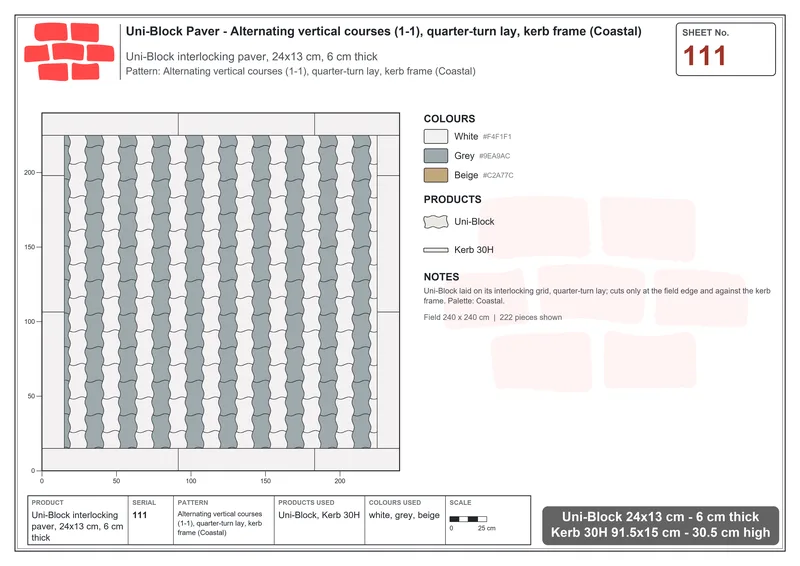 Interlock (Pasco) 24x13 cm · UNI-111 · Alternating vertical courses (1-1), quarter-turn lay, kerb frame (Coastal) · Laying plan
