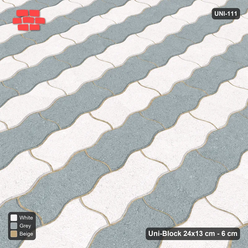Interlock (Pasco) 24x13 cm · UNI-111 · Alternating vertical courses (1-1), quarter-turn lay, kerb frame (Coastal) · Side view Interlock (Pasco) 24x13 cm · UNI-111 · Alternating vertical courses (1-1), quarter-turn lay, kerb frame (Coastal) · Side view