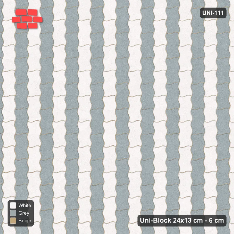 Interlock (Pasco) 24x13 cm · UNI-111 · Alternating vertical courses (1-1), quarter-turn lay, kerb frame (Coastal) · Top view Interlock (Pasco) 24x13 cm · UNI-111 · Alternating vertical courses (1-1), quarter-turn lay, kerb frame (Coastal) · Top view