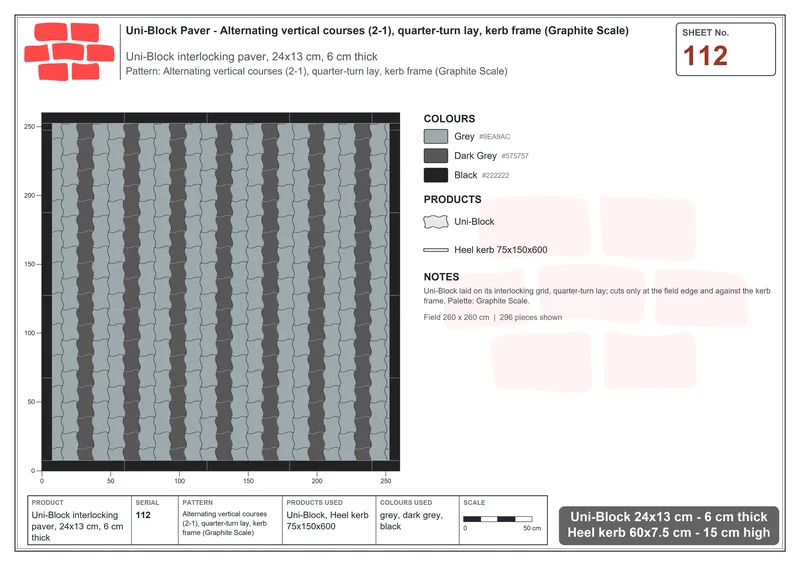 Interlock (Pasco) 24x13 cm · UNI-112 · Alternating vertical courses (2-1), quarter-turn lay, kerb frame (Graphite Scale) · Laying plan