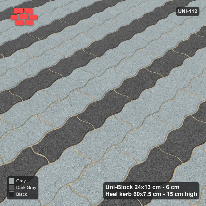 Interlock (Pasco) 24x13 cm · UNI-112 · Alternating vertical courses (2-1), quarter-turn lay, kerb frame (Graphite Scale) · Side view Interlock (Pasco) 24x13 cm · UNI-112 · Alternating vertical courses (2-1), quarter-turn lay, kerb frame (Graphite Scale) · Side view