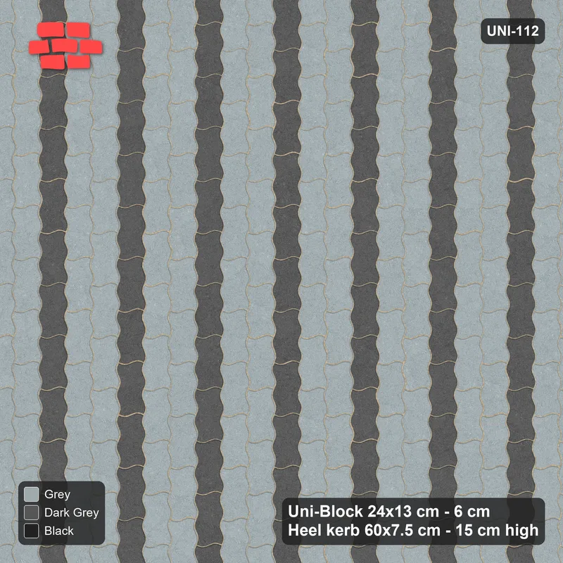 Interlock (Pasco) 24x13 cm · UNI-112 · Alternating vertical courses (2-1), quarter-turn lay, kerb frame (Graphite Scale) · Top view Interlock (Pasco) 24x13 cm · UNI-112 · Alternating vertical courses (2-1), quarter-turn lay, kerb frame (Graphite Scale) · Top view
