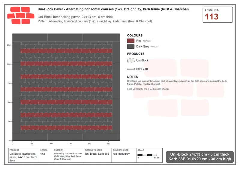 Interlock (Pasco) 24x13 cm · UNI-113 · Alternating horizontal courses (1-2), straight lay, kerb frame (Rust & Charcoal) · Laying plan