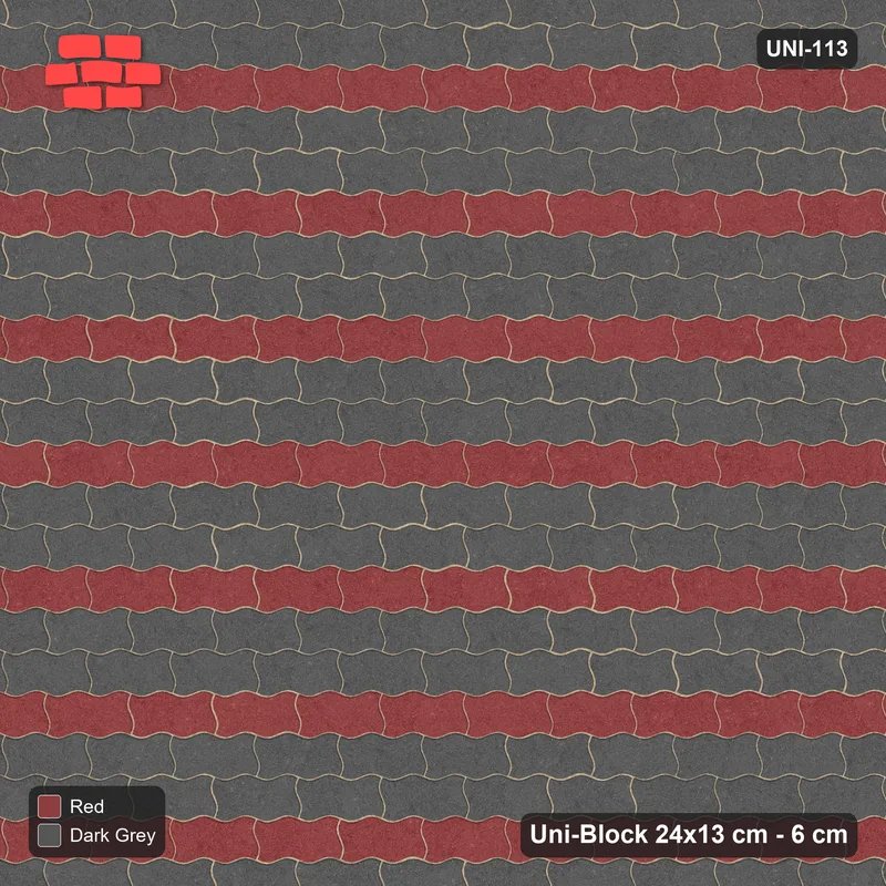 Interlock (Pasco) 24x13 cm · UNI-113 · Alternating horizontal courses (1-2), straight lay, kerb frame (Rust & Charcoal) · Top view Interlock (Pasco) 24x13 cm · UNI-113 · Alternating horizontal courses (1-2), straight lay, kerb frame (Rust & Charcoal) · Top view