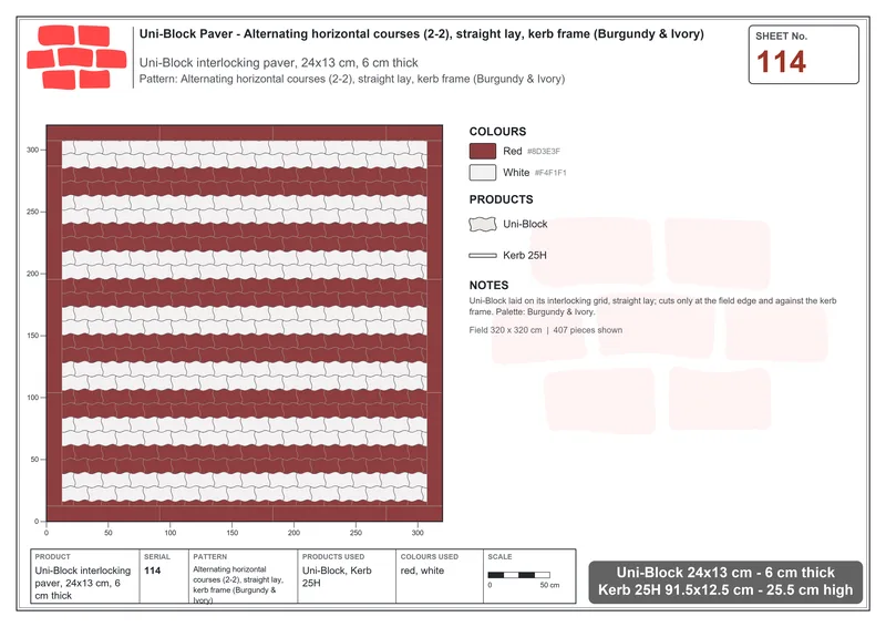 Interlock (Pasco) 24x13 cm · UNI-114 · Alternating horizontal courses (2-2), straight lay, kerb frame (Burgundy & Ivory) · Laying plan