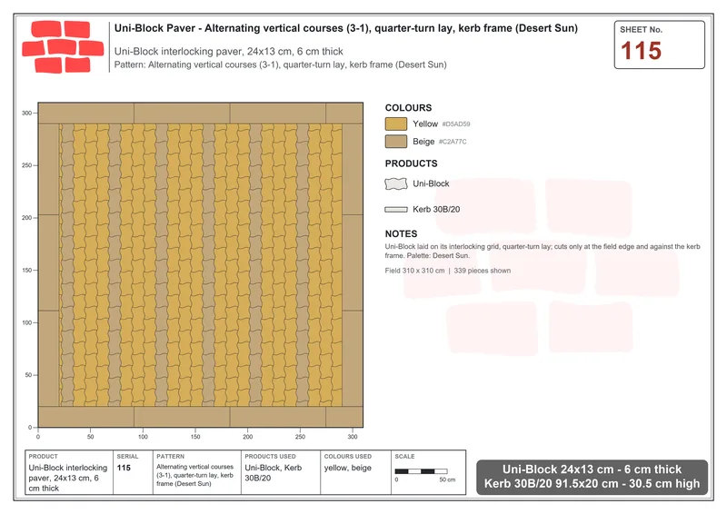 Interlock (Pasco) 24x13 cm · UNI-115 · Alternating vertical courses (3-1), quarter-turn lay, kerb frame (Desert Sun) · Laying plan