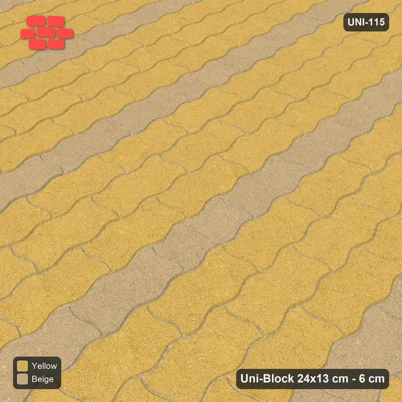 Interlock (Pasco) 24x13 cm · UNI-115 · Alternating vertical courses (3-1), quarter-turn lay, kerb frame (Desert Sun) · Side view Interlock (Pasco) 24x13 cm · UNI-115 · Alternating vertical courses (3-1), quarter-turn lay, kerb frame (Desert Sun) · Side view