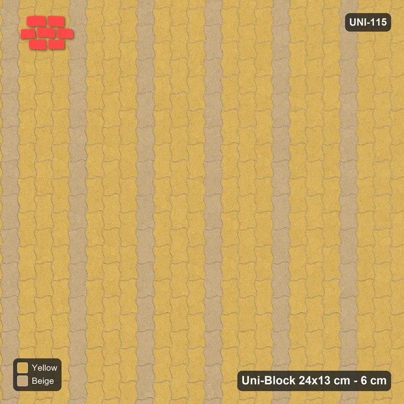 Interlock (Pasco) 24x13 cm · UNI-115 · Alternating vertical courses (3-1), quarter-turn lay, kerb frame (Desert Sun) · Top view Interlock (Pasco) 24x13 cm · UNI-115 · Alternating vertical courses (3-1), quarter-turn lay, kerb frame (Desert Sun) · Top view